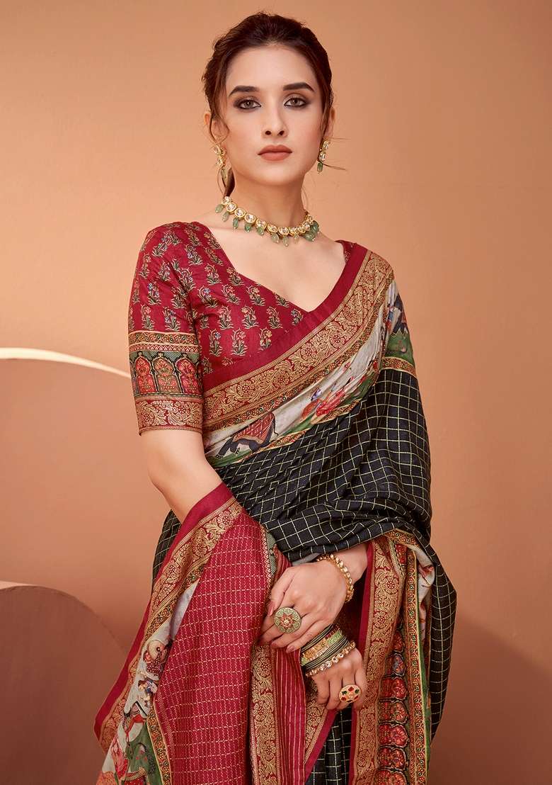 Black Printed Viscose Saree Set - Indya