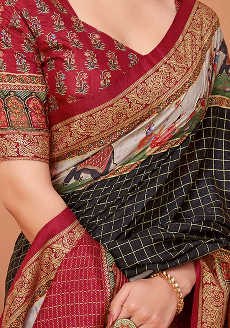 Black Printed Viscose Saree Set - Indya