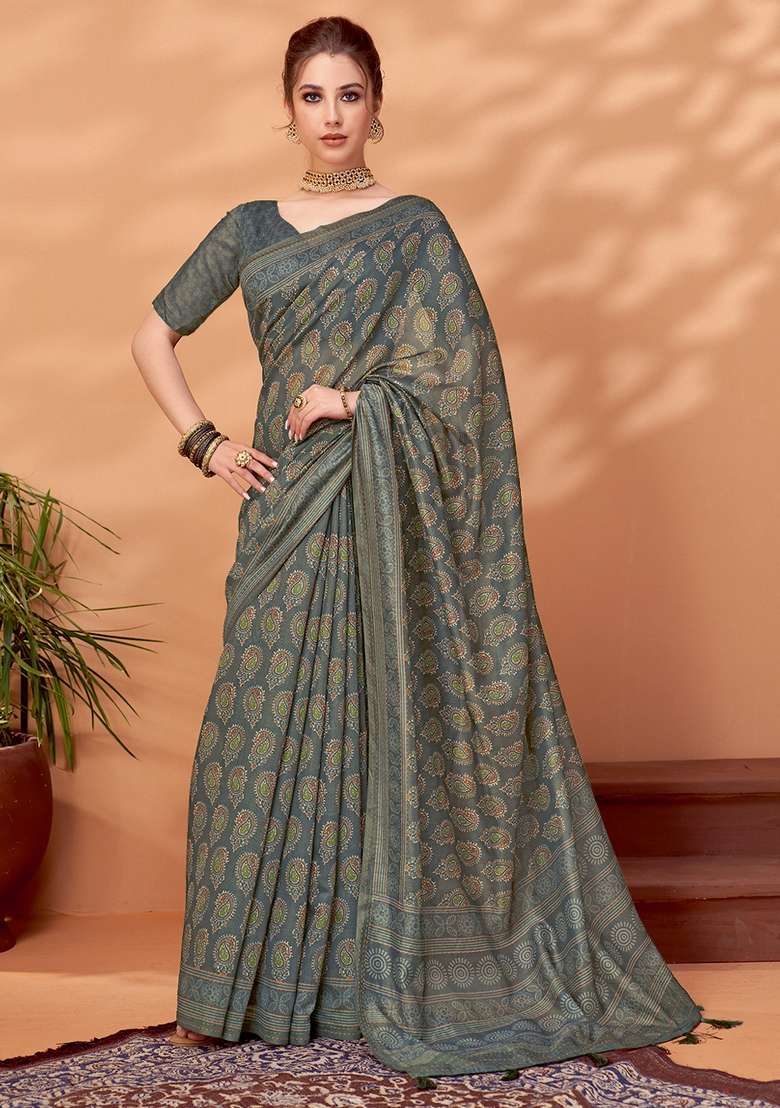 Grey Printed Cotton Silk Saree Set - Indya