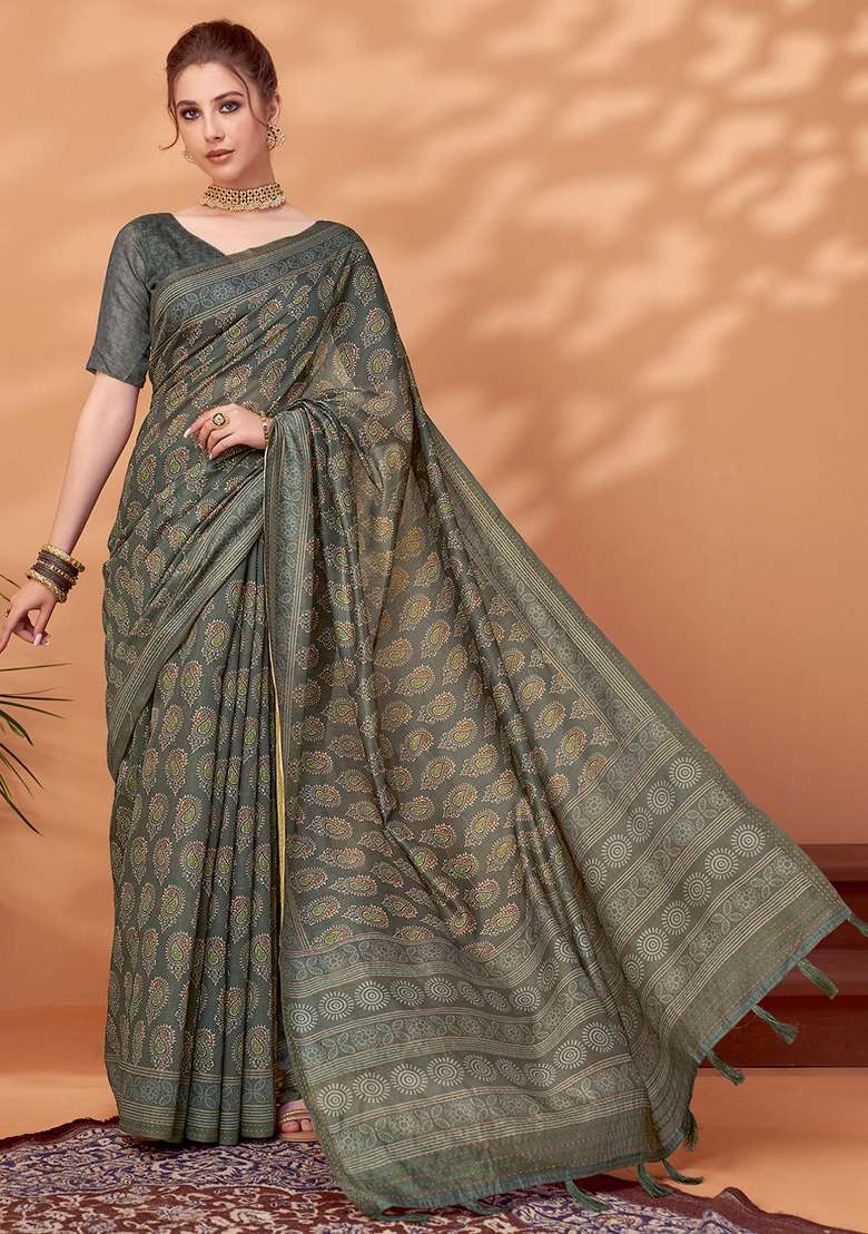 Grey Printed Cotton Silk Saree Set - Indya