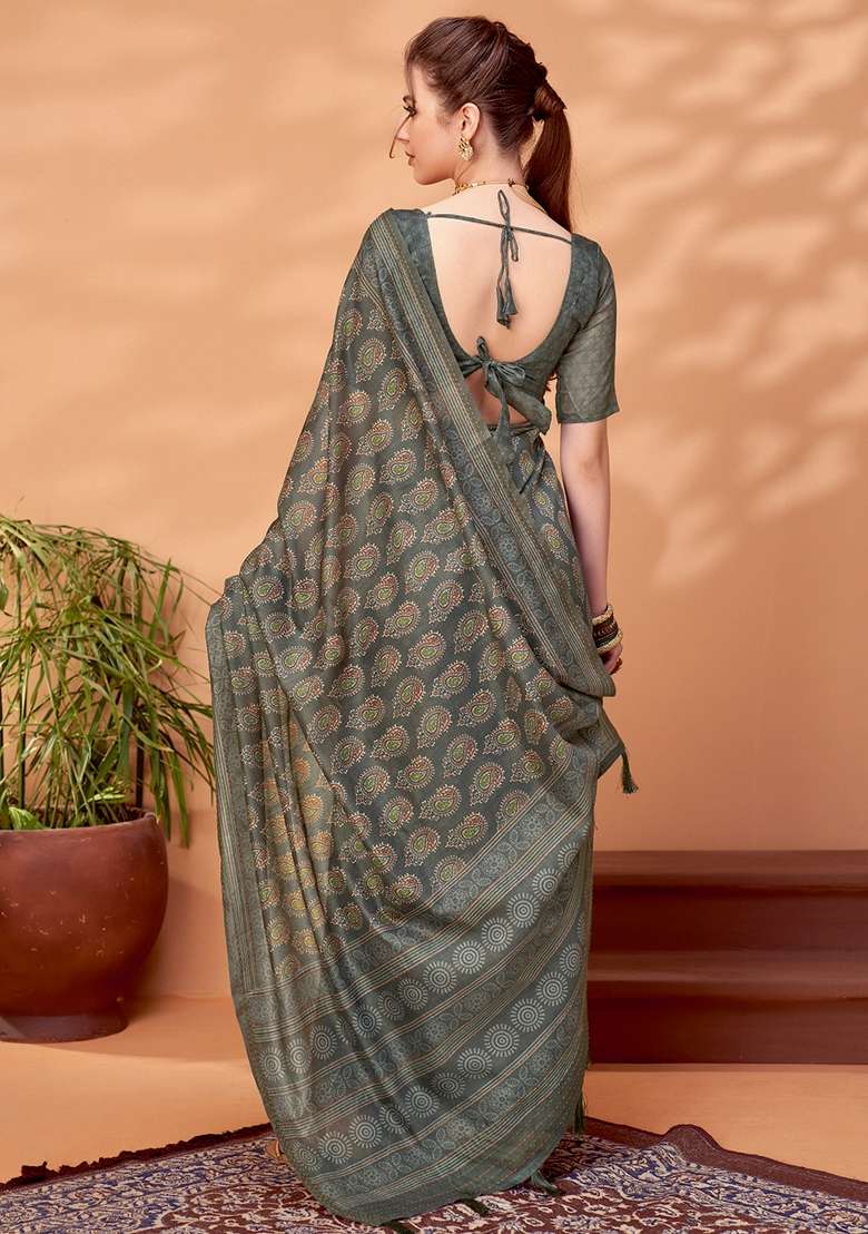 Grey Printed Cotton Silk Saree Set - Indya