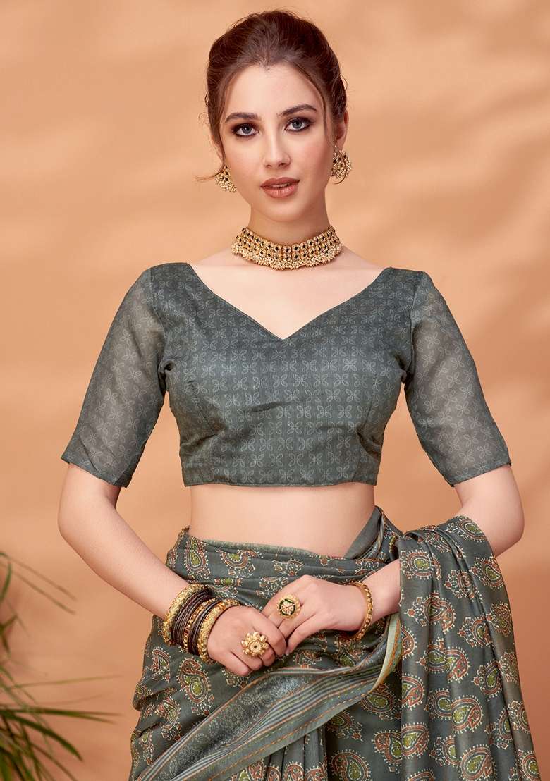 Grey Printed Cotton Silk Saree Set - Indya