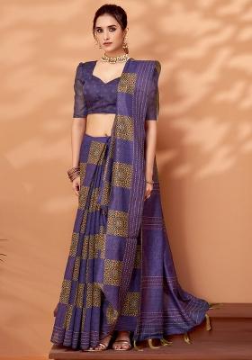 Purple Printed Cotton Silk Saree Set