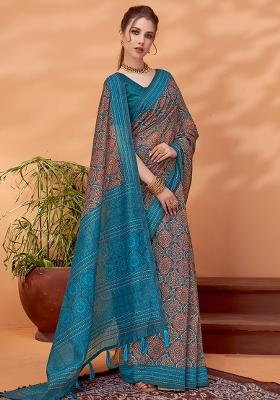 Light Blue Printed Cotton Silk Saree Set