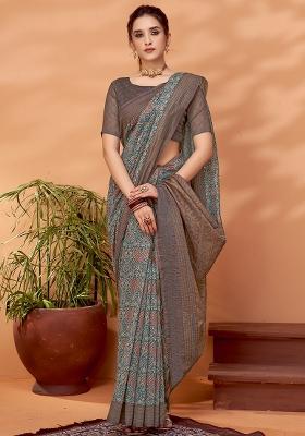 Brown Printed Cotton Silk Saree Set