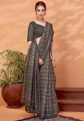 Grey Printed Cotton Silk Saree Set