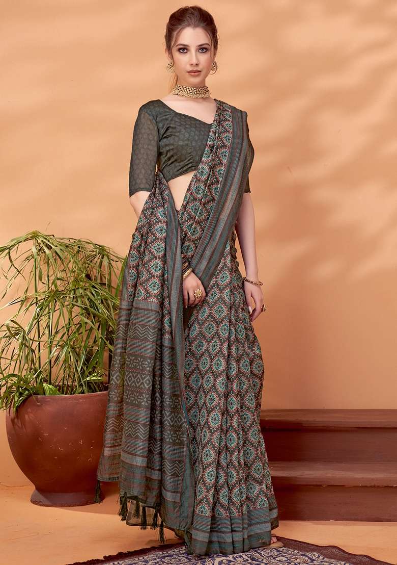 Grey Printed Cotton Silk Saree Set - Indya