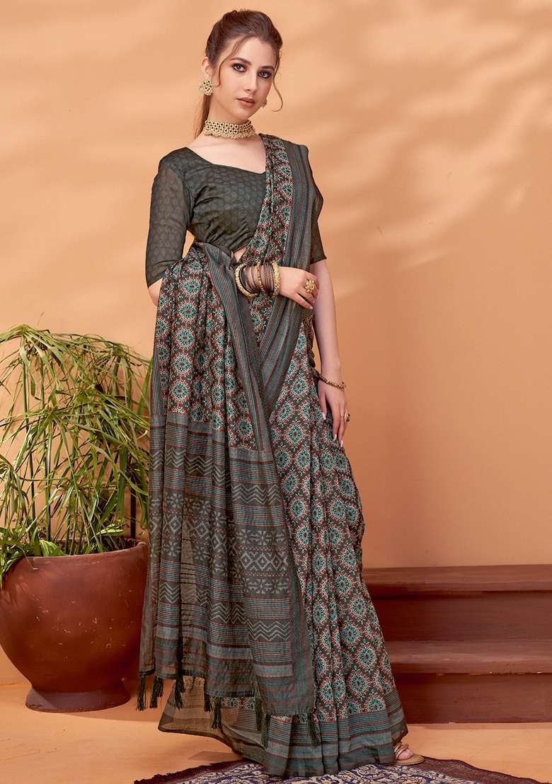 Grey Printed Cotton Silk Saree Set - Indya