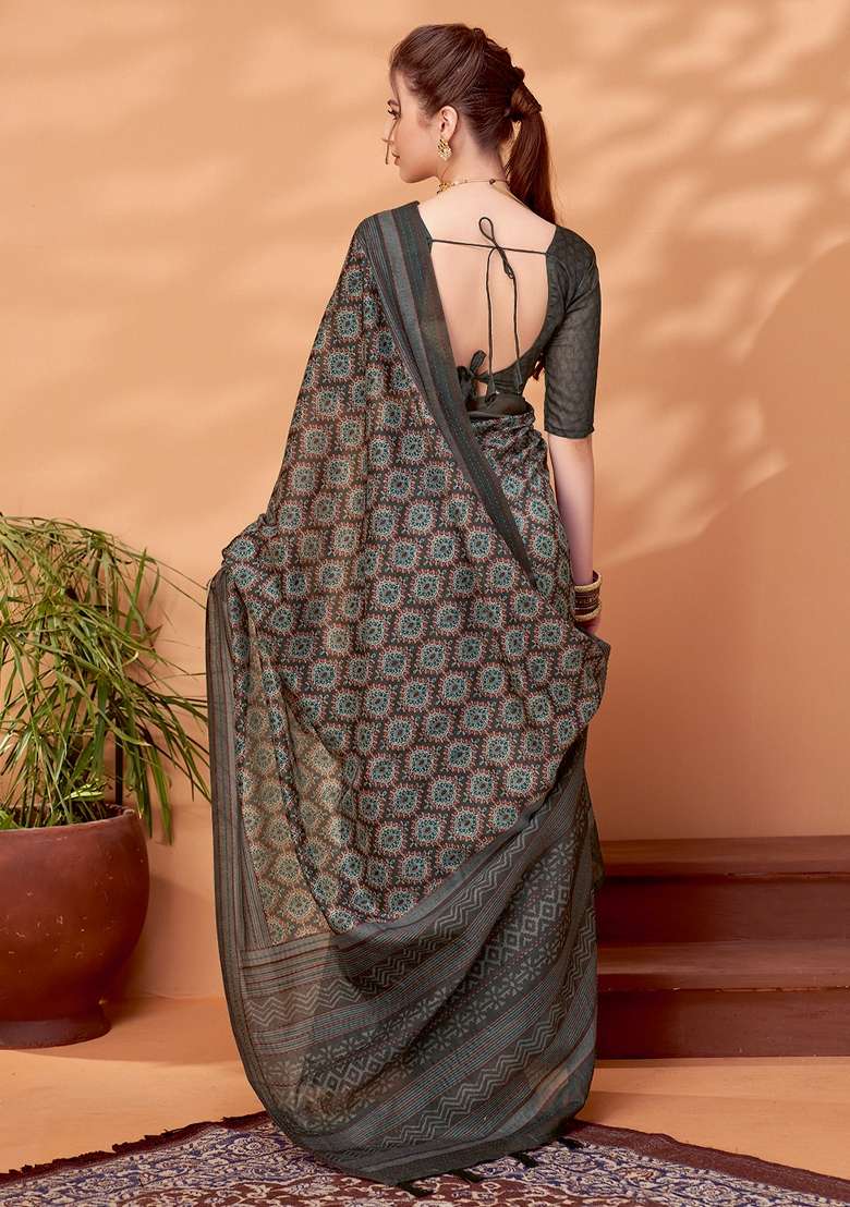 Grey Printed Cotton Silk Saree Set - Indya