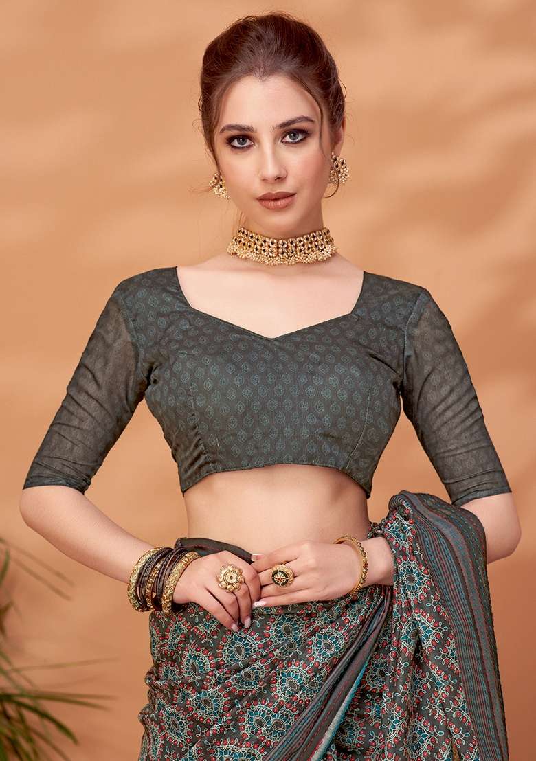 Grey Printed Cotton Silk Saree Set - Indya