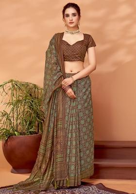Brown Printed Cotton Silk Saree Set