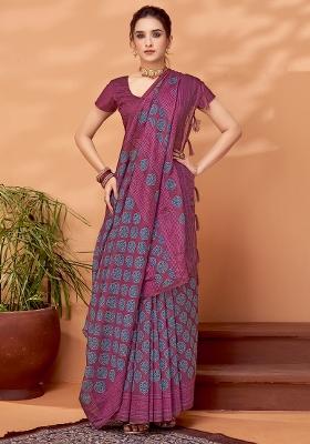 Pink Printed Cotton Silk Saree Set