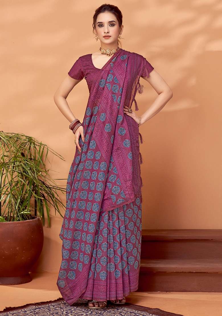 Pink Printed Cotton Silk Saree Set - Indya