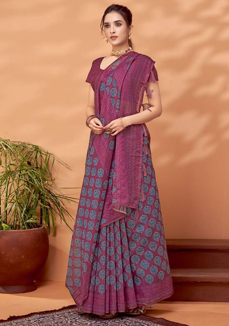 Pink Printed Cotton Silk Saree Set - Indya