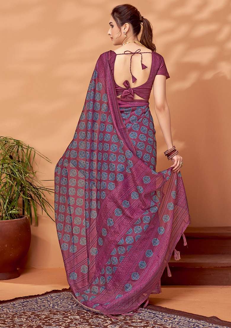 Pink Printed Cotton Silk Saree Set - Indya