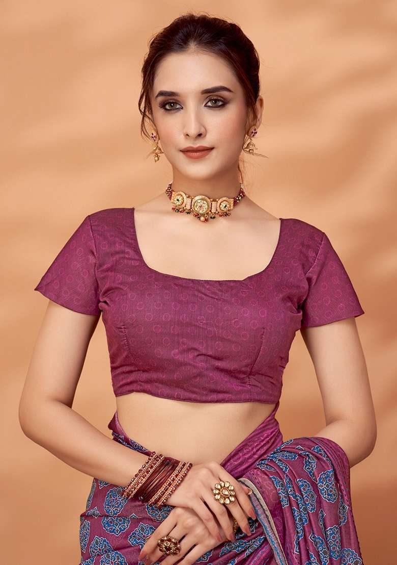 Pink Printed Cotton Silk Saree Set - Indya