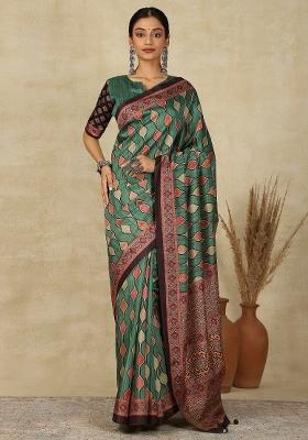 Teal Green Printed Silk Blend Saree Set