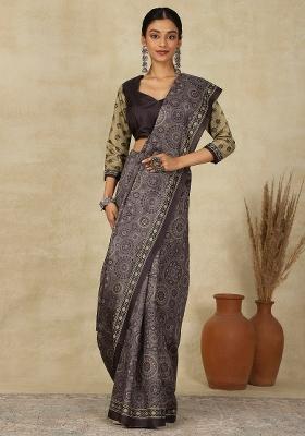 Grey Printed Silk Blend Saree Set
