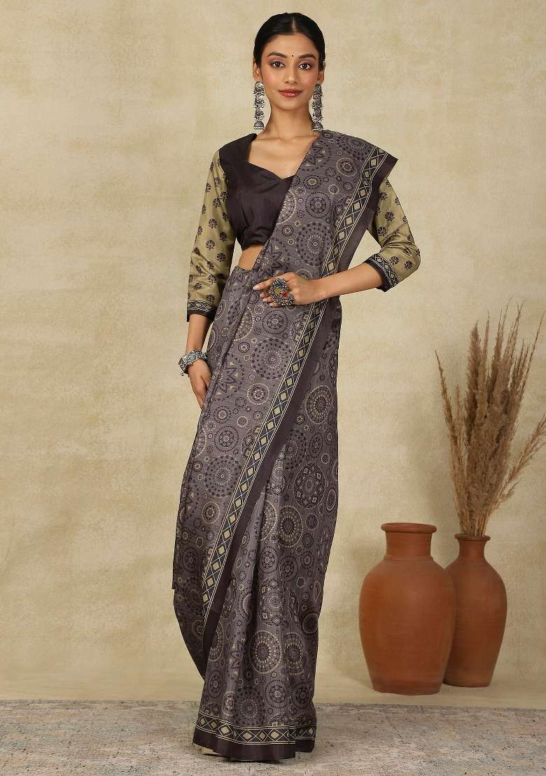 Grey Printed Silk Blend Saree Set - Indya