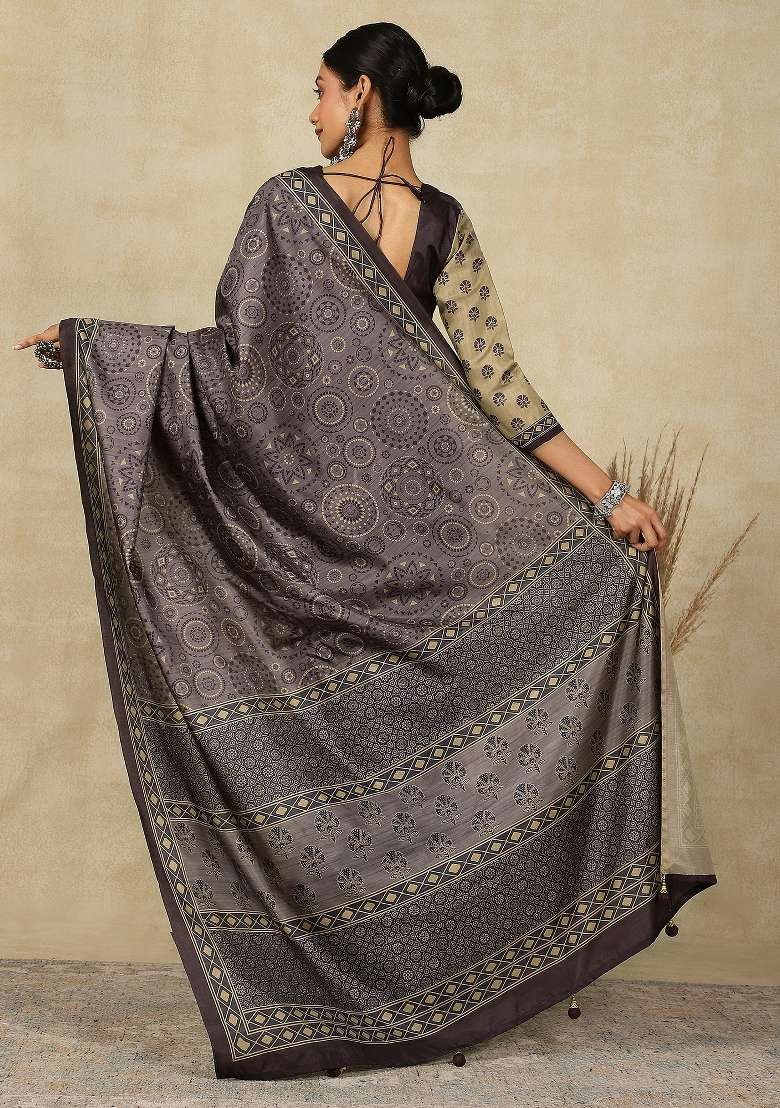 Grey Printed Silk Blend Saree Set - Indya