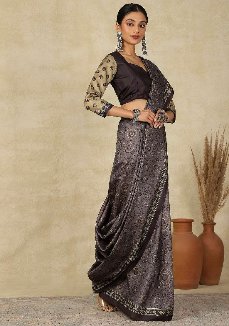Grey Printed Silk Blend Saree Set - Indya