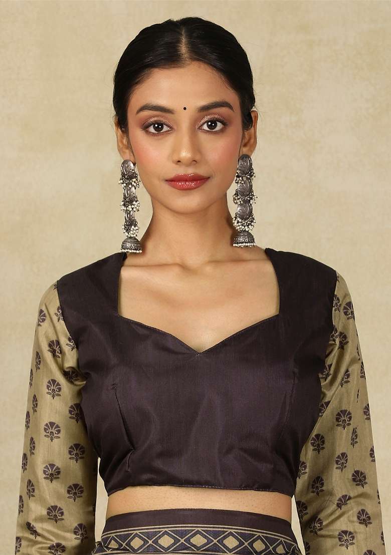 Grey Printed Silk Blend Saree Set - Indya