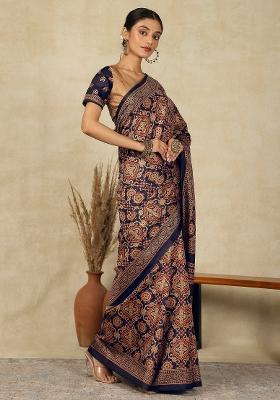 Navy Blue Printed Silk Blend Saree Set