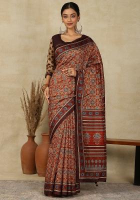Rust Printed Silk Blend Saree Set