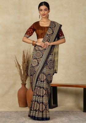 Navy Blue Printed Silk Blend Saree Set