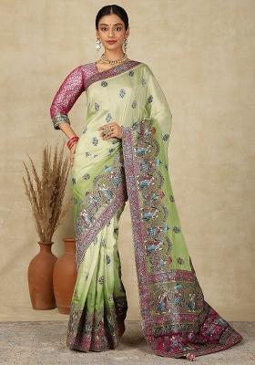 Light Green Printed Viscose Silk Saree Set