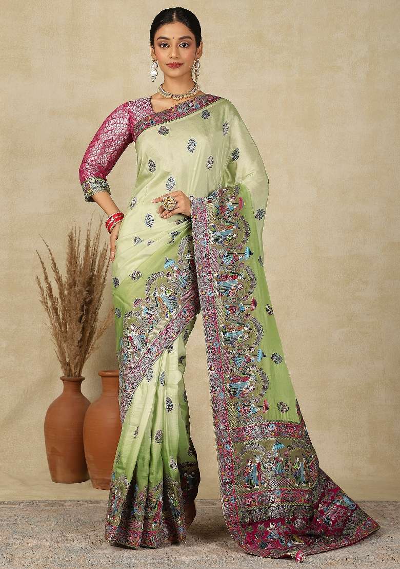 Light Green Printed Viscose Silk Saree Set - Indya