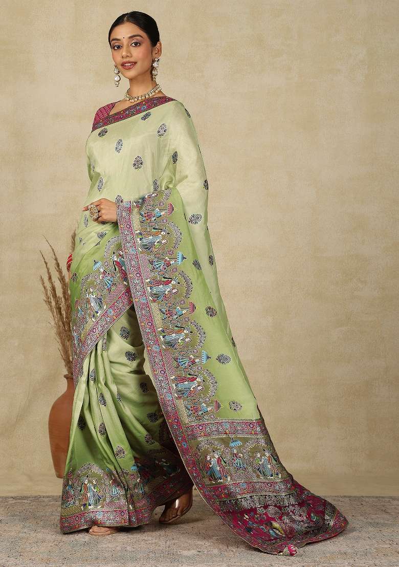Light Green Printed Viscose Silk Saree Set - Indya