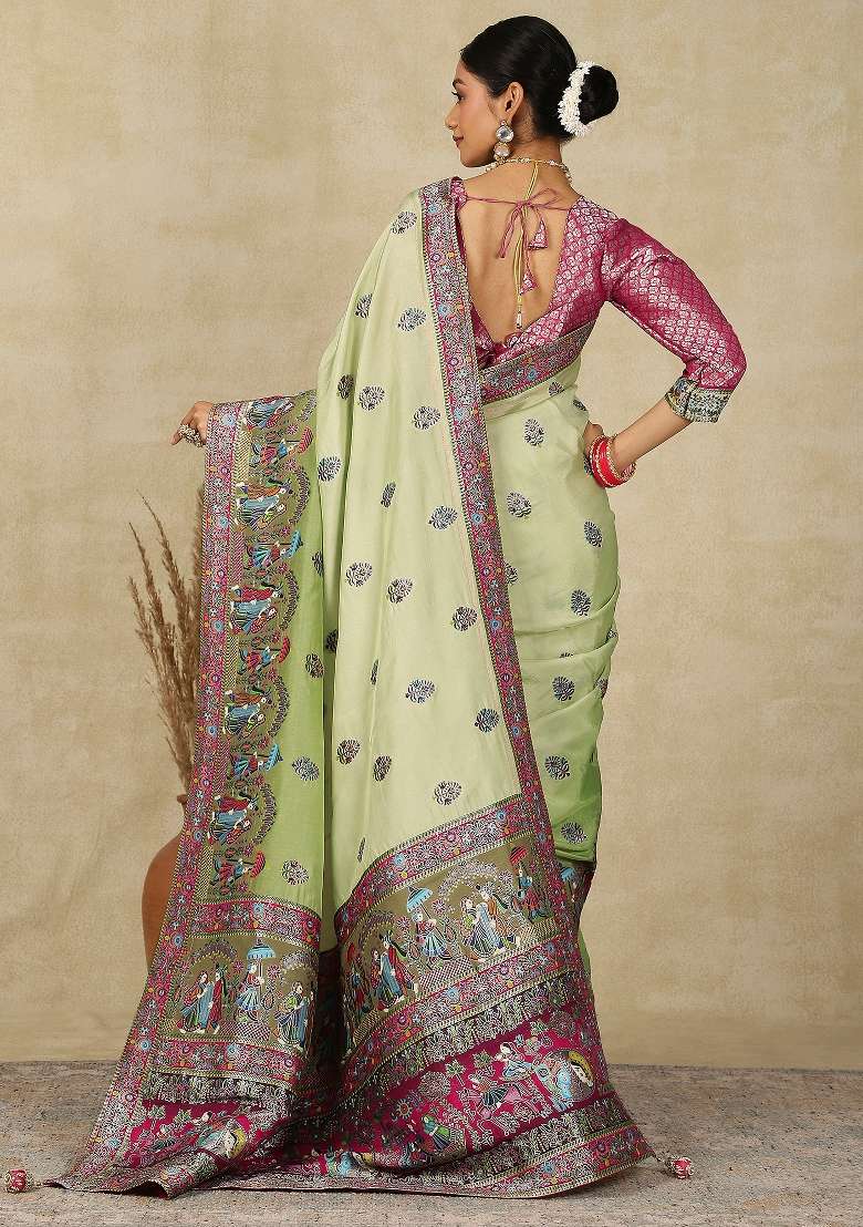 Light Green Printed Viscose Silk Saree Set - Indya
