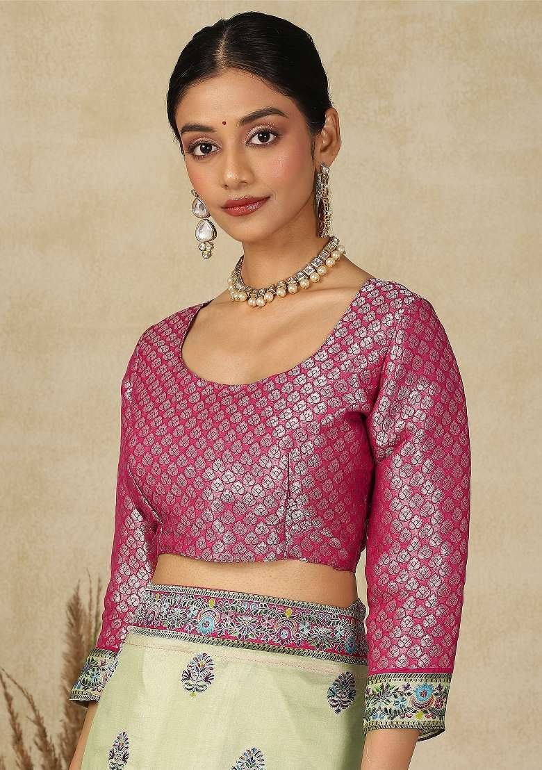 Light Green Printed Viscose Silk Saree Set - Indya