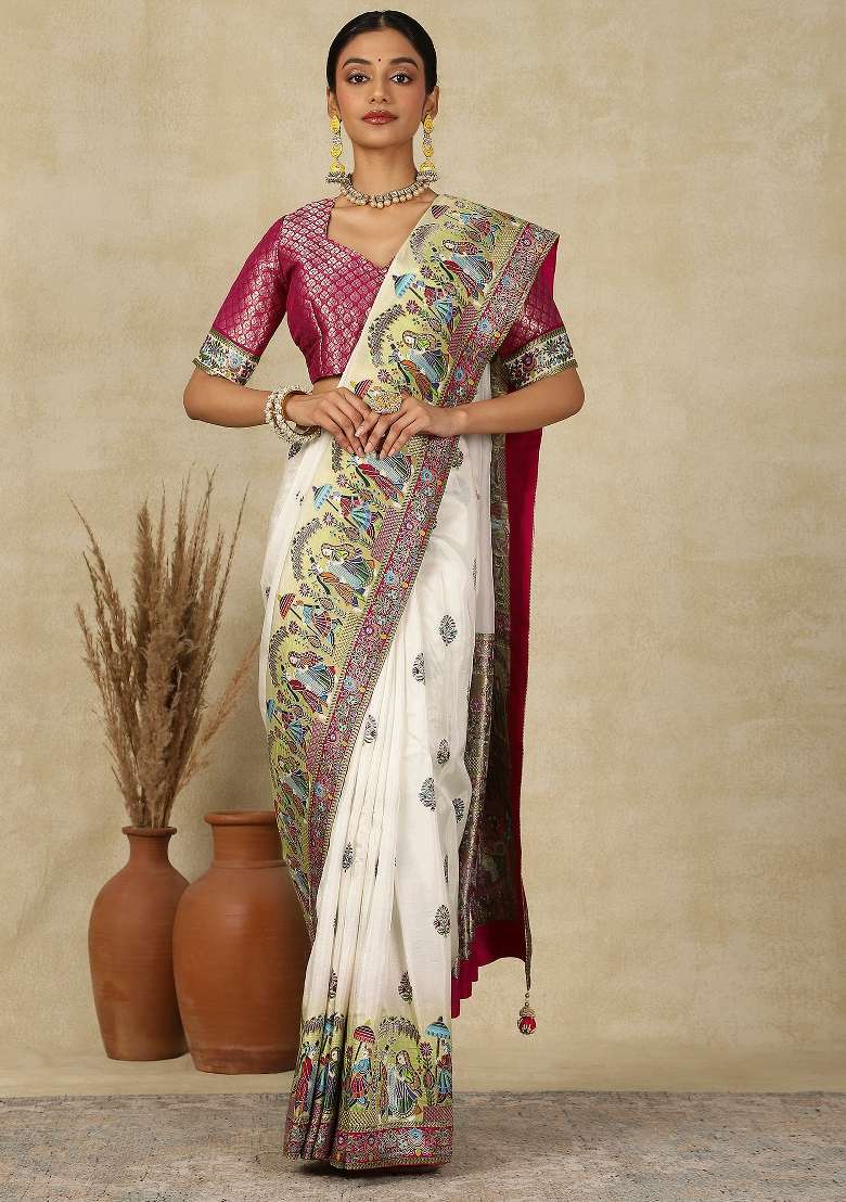 Off White Printed Viscose Silk Blend Saree Set - Indya