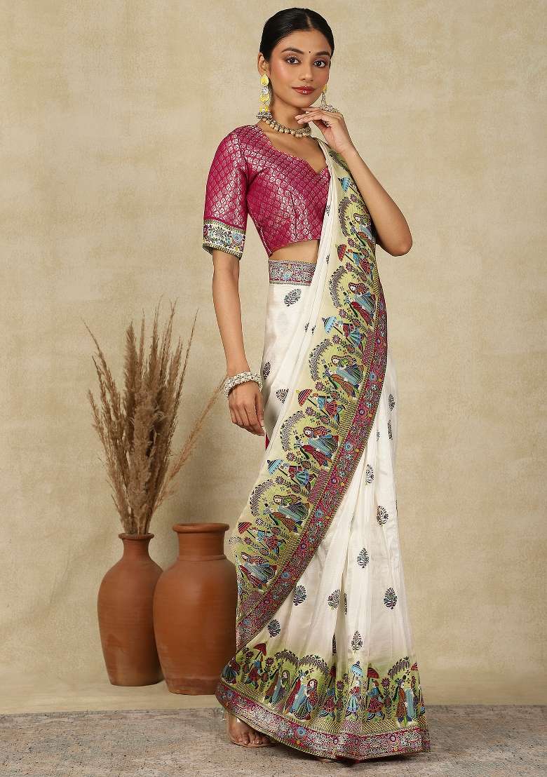 Off White Printed Viscose Silk Blend Saree Set - Indya