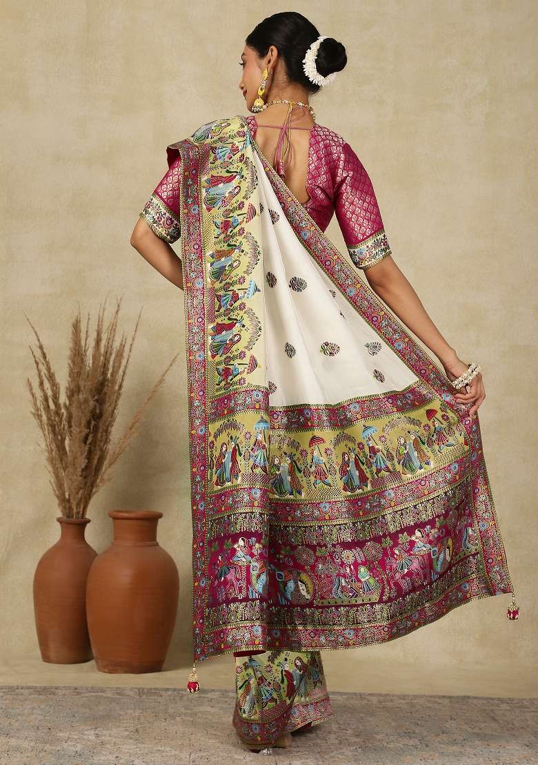 Off White Printed Viscose Silk Blend Saree Set - Indya