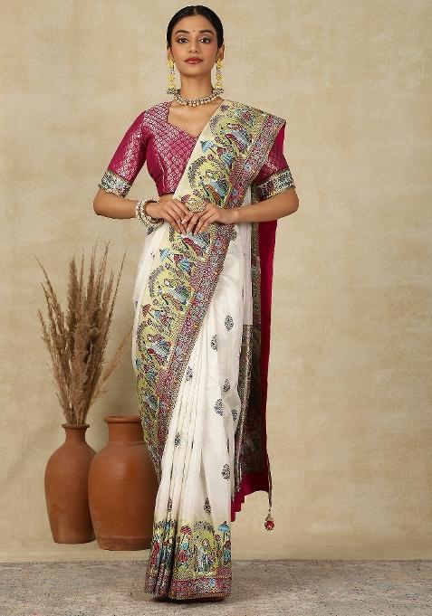 Off White Printed Viscose Silk Saree Set — view on Indya