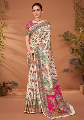 Cream Printed Viscose Silk Saree Set
