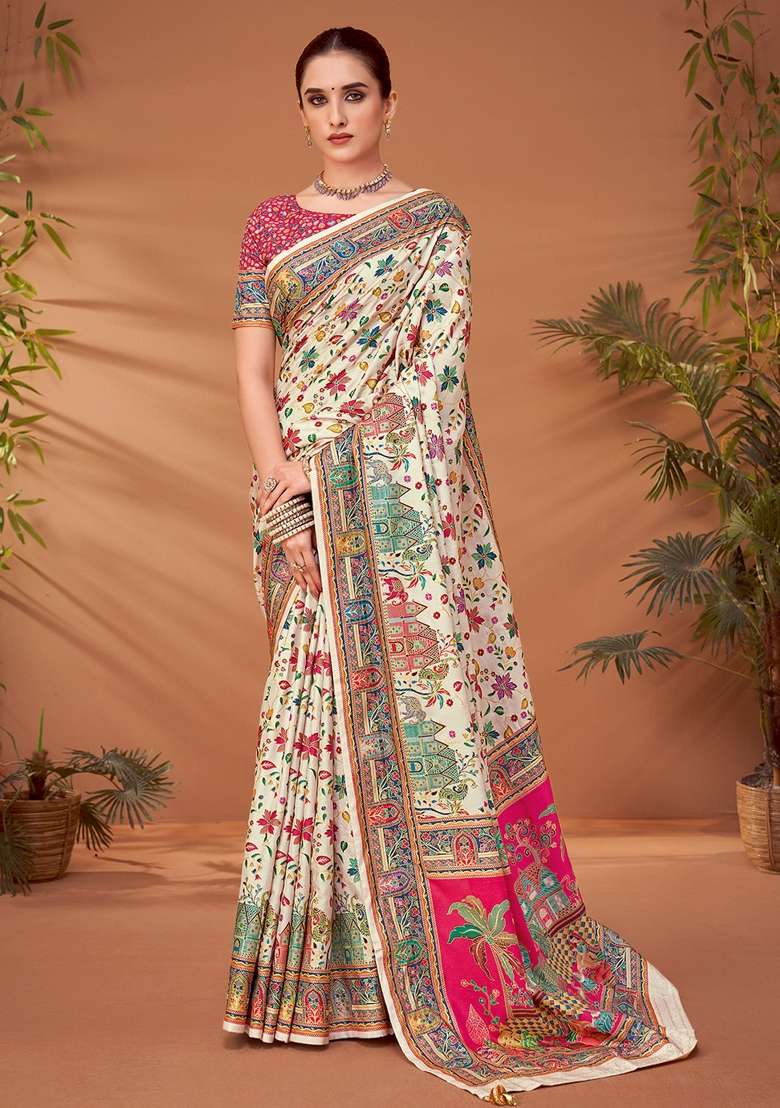 Cream Printed Viscose Silk Blend Saree Set - Indya