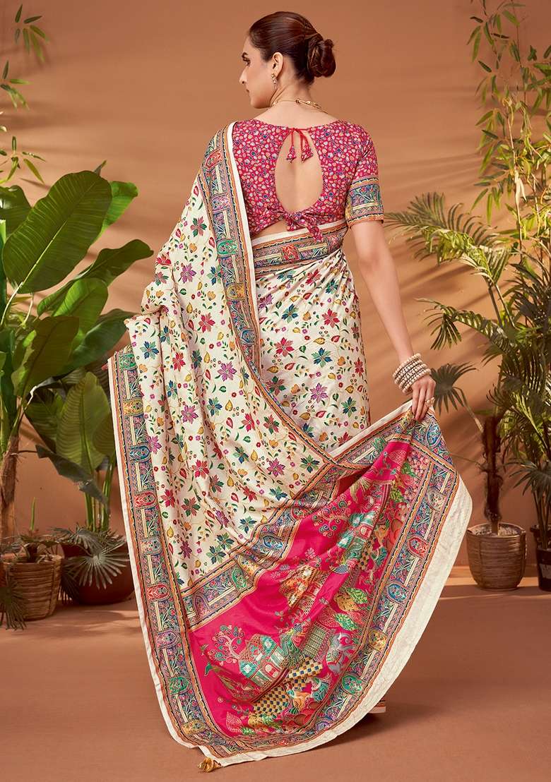 Cream Printed Viscose Silk Blend Saree Set - Indya