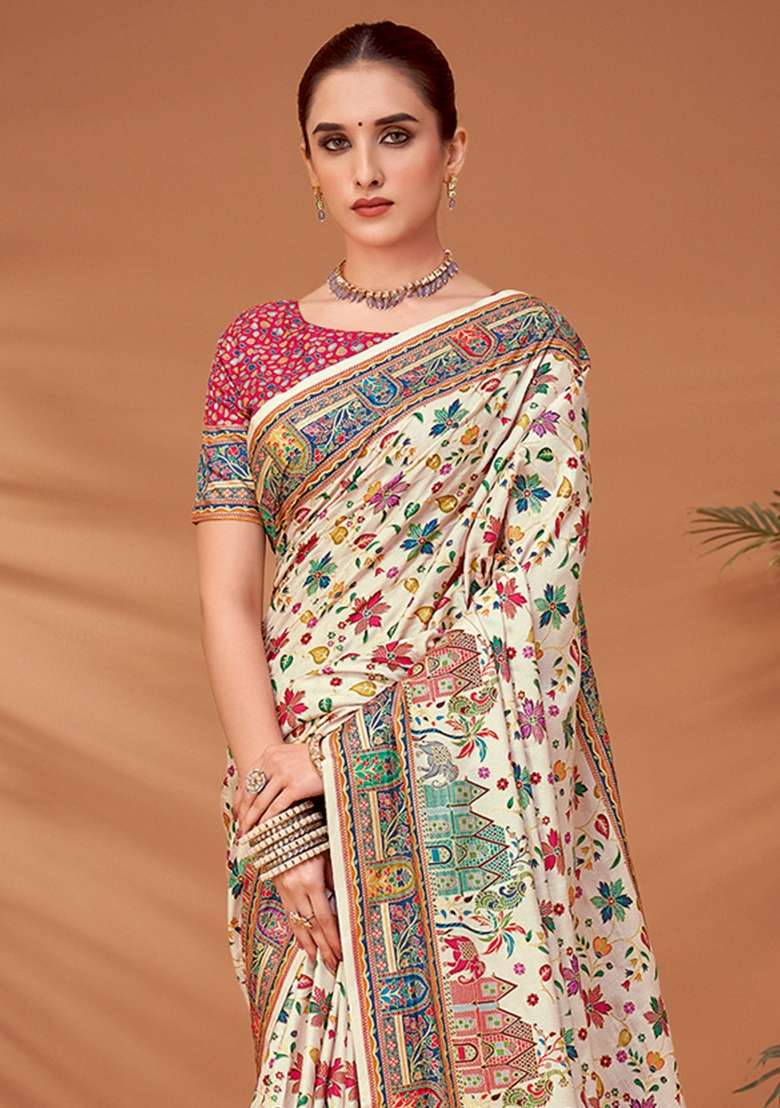 Cream Printed Viscose Silk Blend Saree Set - Indya
