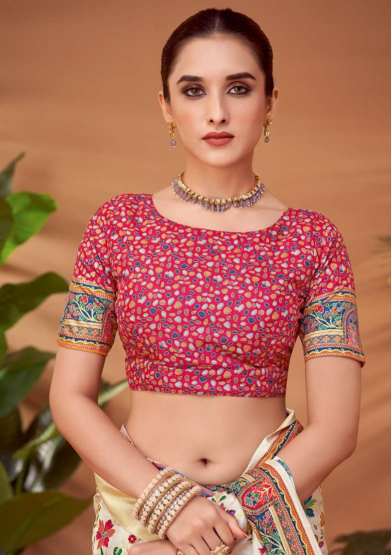 Cream Printed Viscose Silk Blend Saree Set - Indya