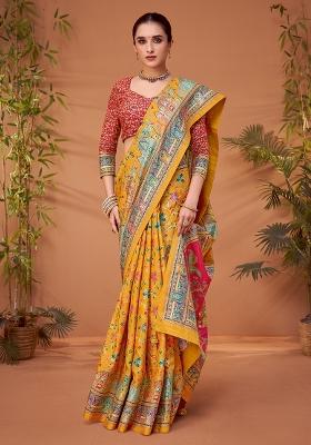 Yellow Printed Viscose Silk Saree Set