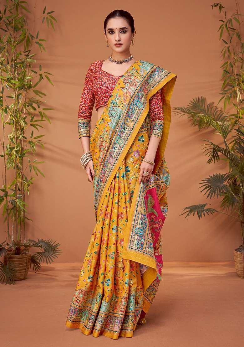 Yellow Printed Viscose Silk Blend Saree Set - Indya