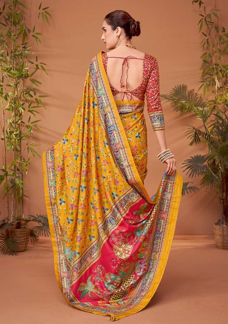 Yellow Printed Viscose Silk Blend Saree Set - Indya