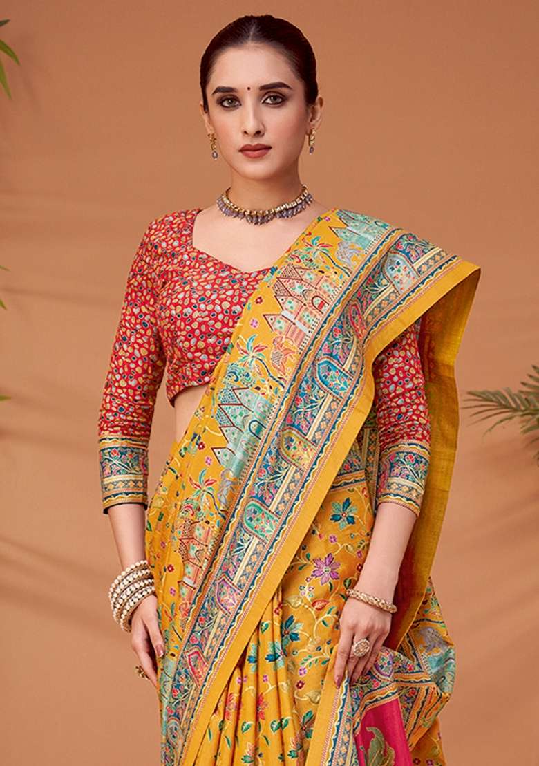 Yellow Printed Viscose Silk Blend Saree Set - Indya