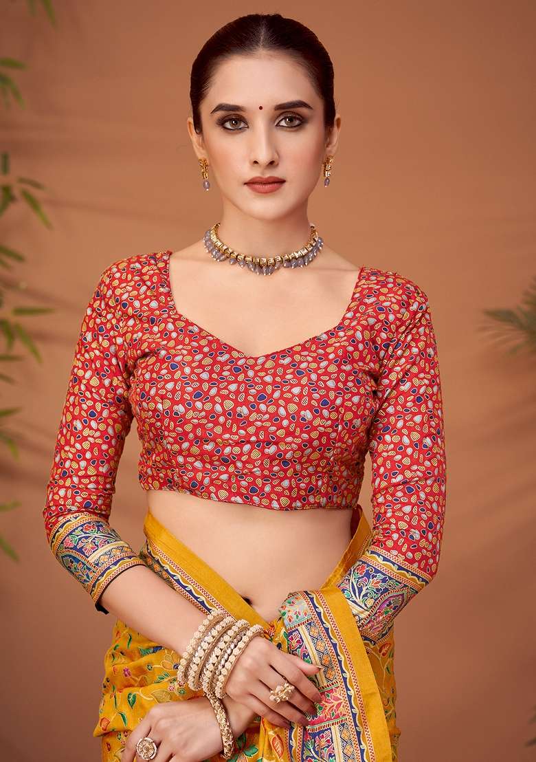 Yellow Printed Viscose Silk Blend Saree Set - Indya