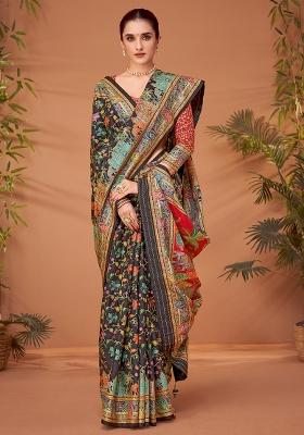 Black Printed Viscose Silk Saree Set