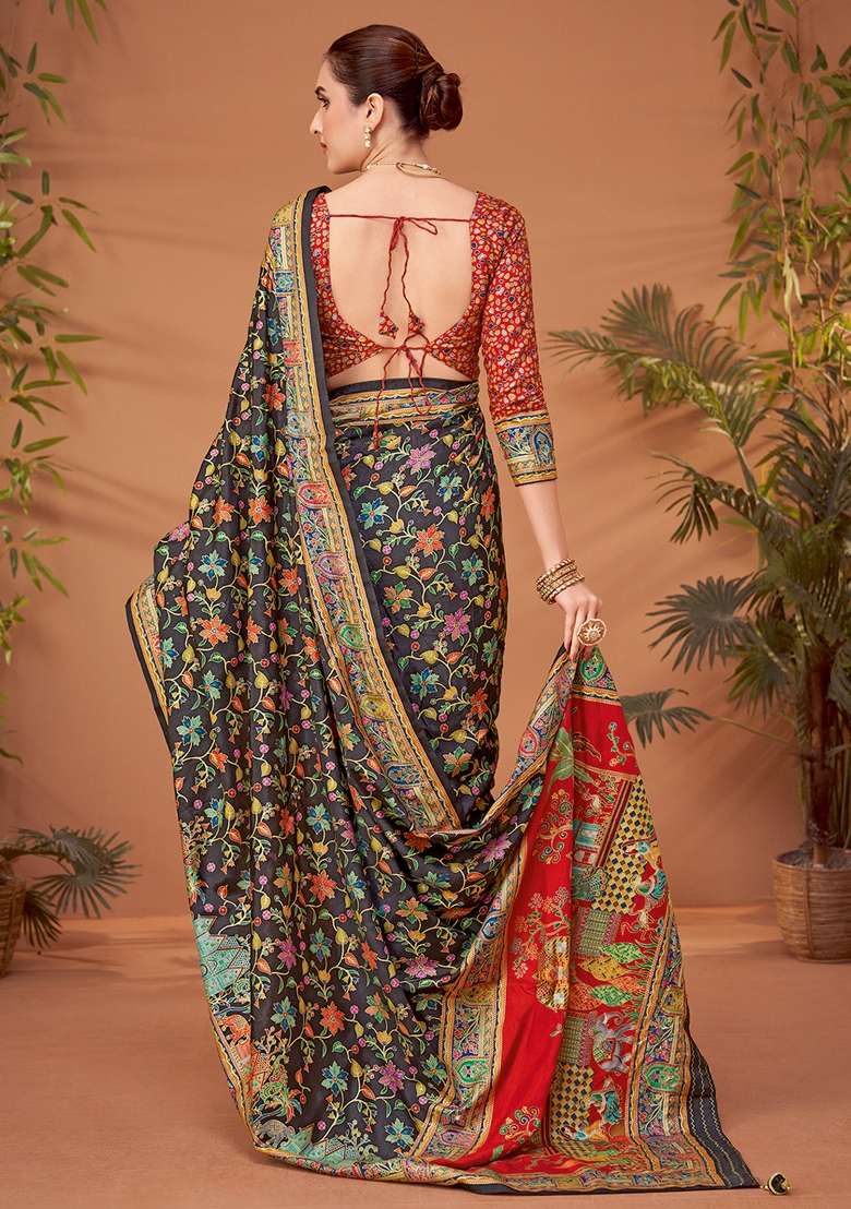 Black Printed Viscose Silk Blend Saree Set - Indya